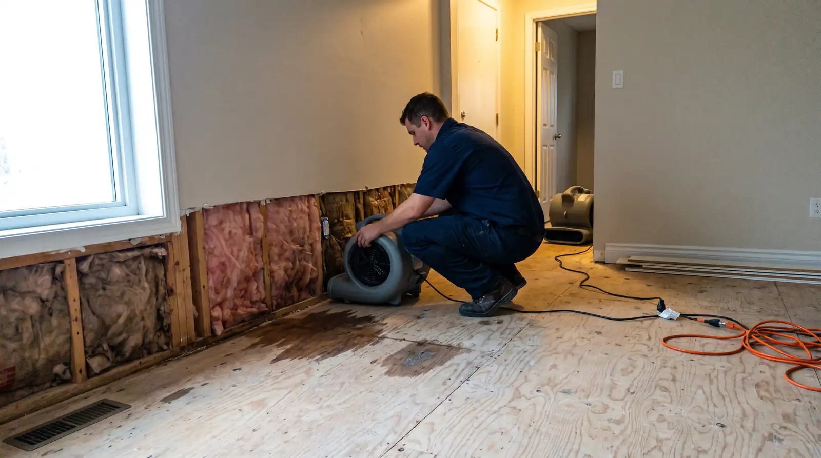 Technician angling an air mover at the base of a flood-cut wall in a daylit room stripped back to the subfloor