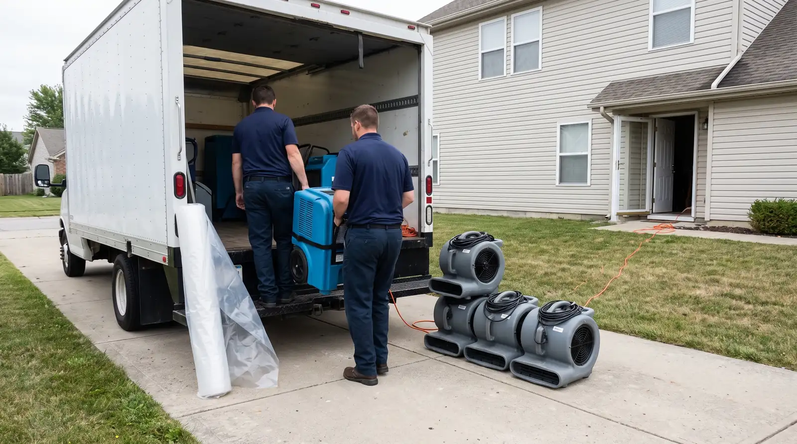 Two restoration technicians unloading a dehumidifier and air movers from a box truck in a suburban driveway