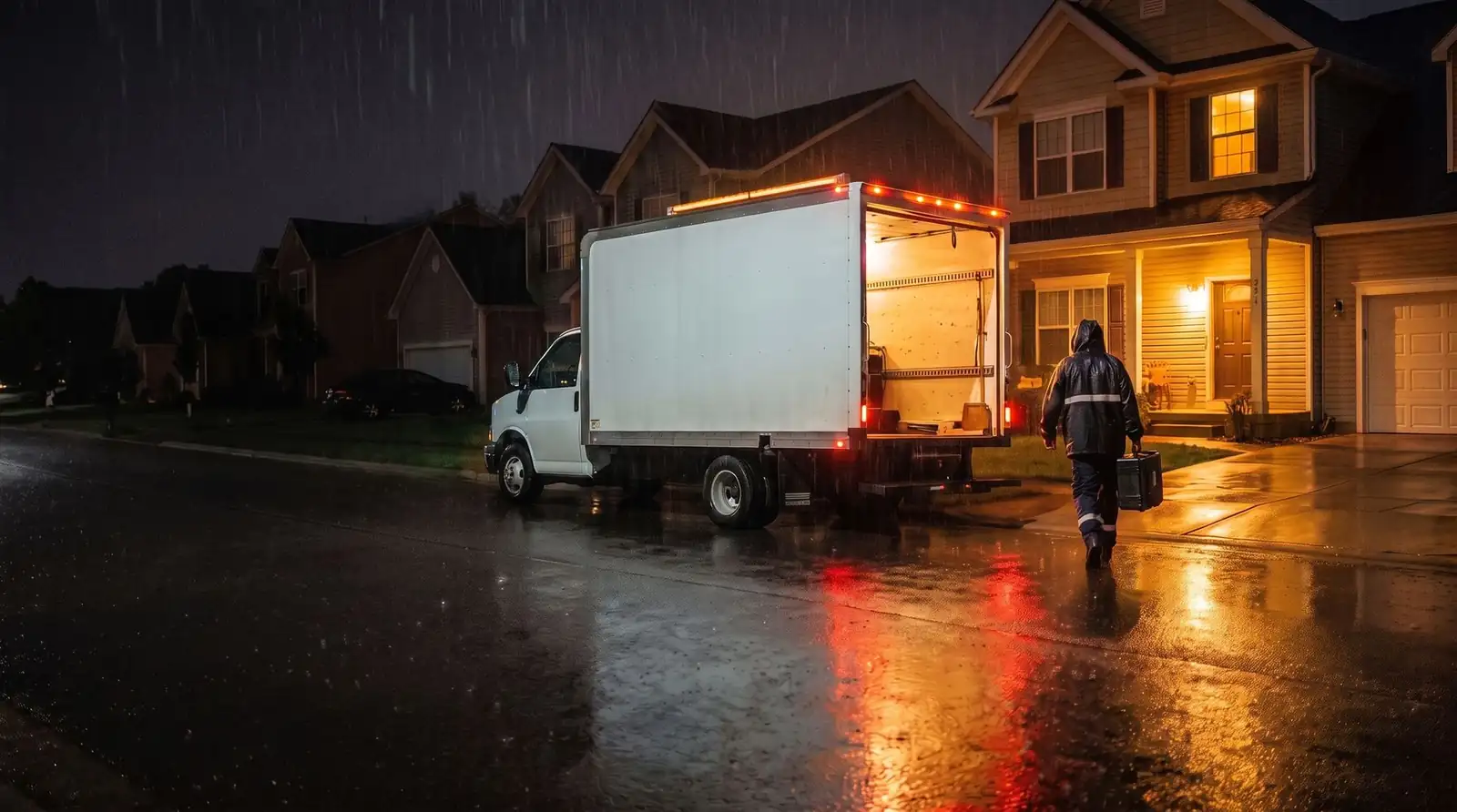Restoration crew arriving at a home at night in the rain
