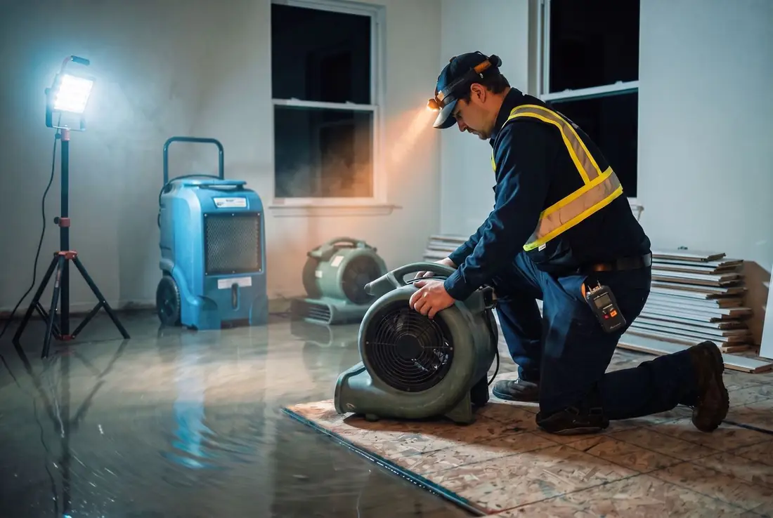 Technician setting drying equipment in a flooded living room at night