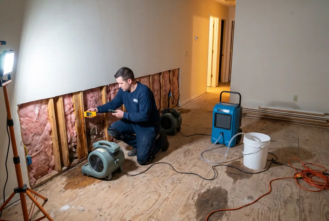 Restoration technician taking a moisture reading on a flood-cut wall, with air movers, a dehumidifier and a work light running on the exposed subfloor