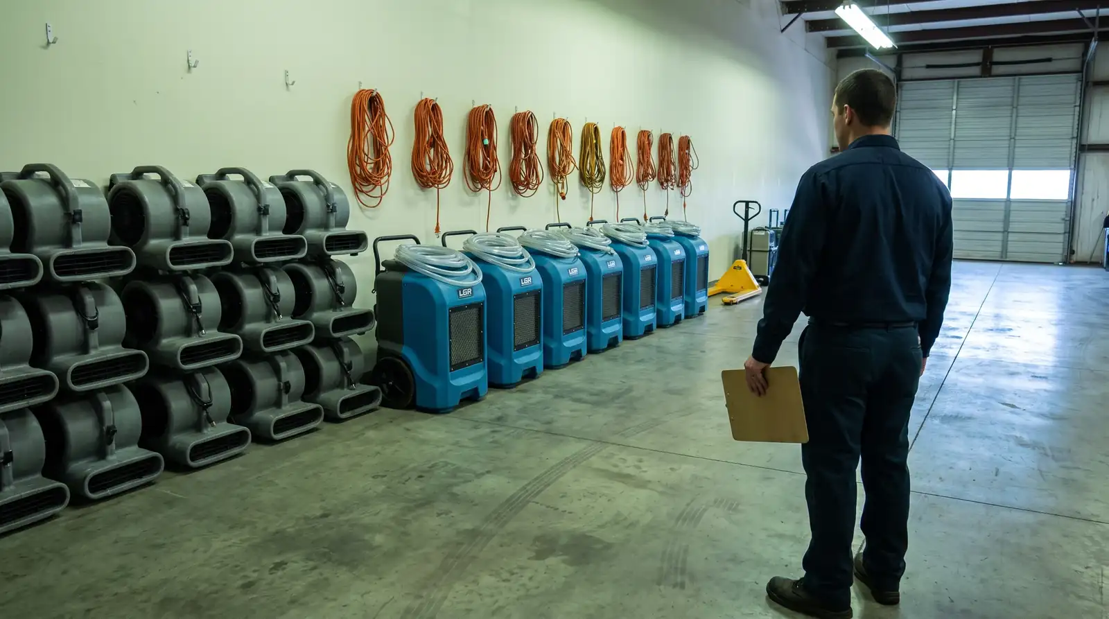 Air movers and dehumidifiers lined up along a warehouse wall with a technician checking them against a clipboard