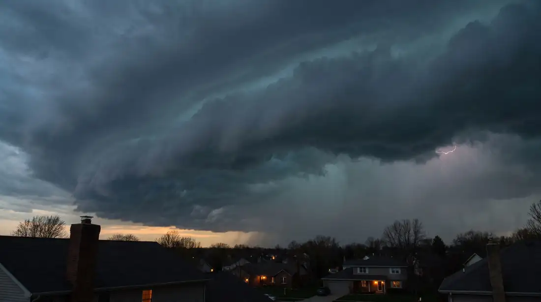Storm front rolling over a suburban neighborhood at dusk