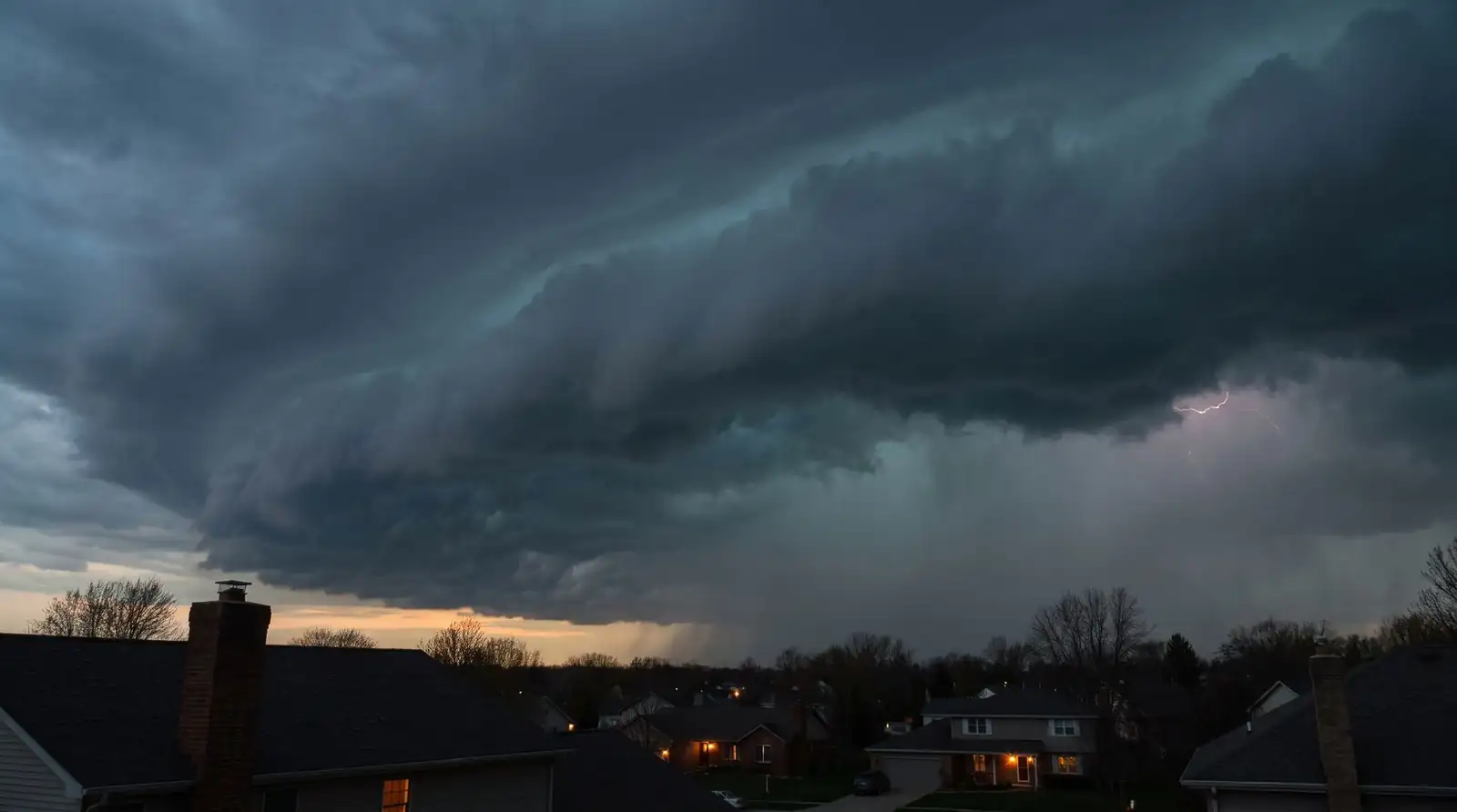 Storm front rolling over a suburban neighbourhood at dusk