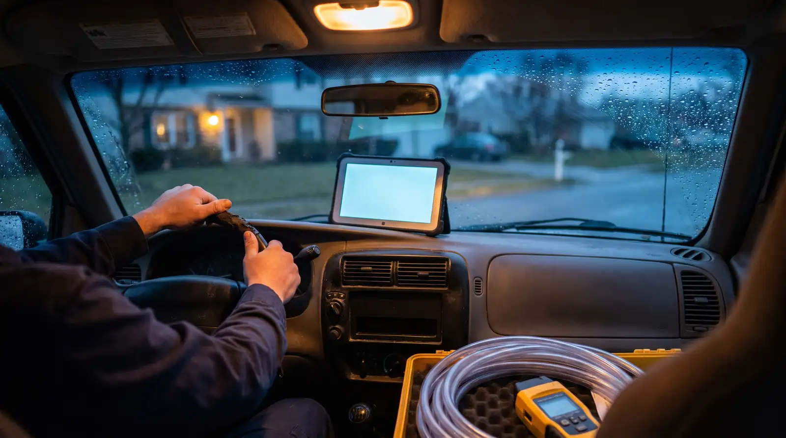 View from inside a work van at dusk, rain on the windscreen and a tablet propped on the dashboard