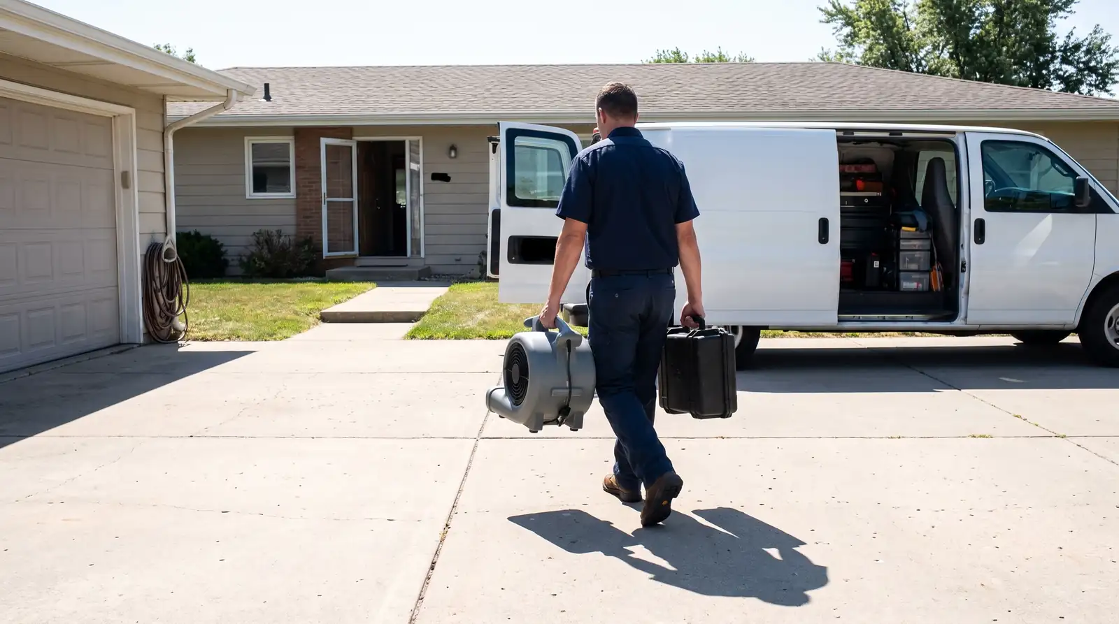 Technician carrying an air mover and an equipment case between an unmarked white van and a single-storey house